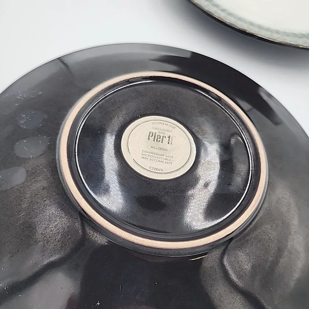 Pier 1 Allison Stoneware Lunch Plates Set Of 2 Cream Blue Gold Rim 9.5